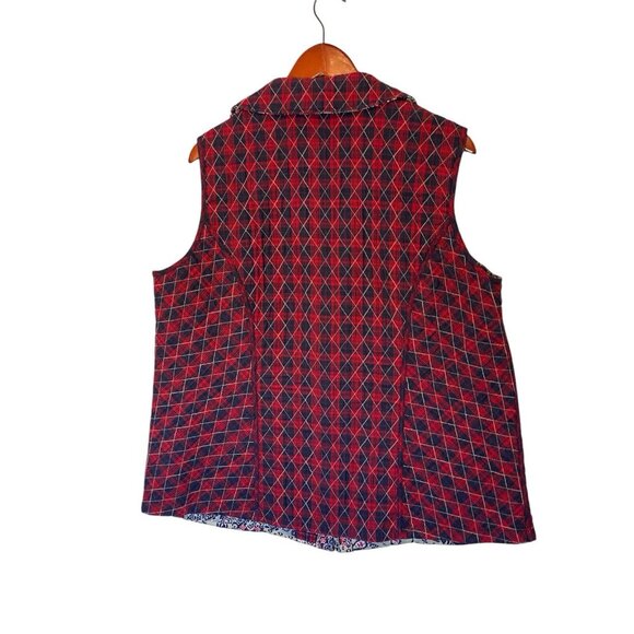 Quilted Reversible Full Zip Blue Red Paisley & Diagonal Plaid Women's Vest L - Picture 2 of 15